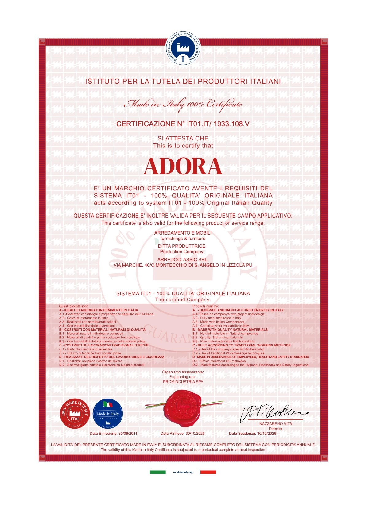 ADORA 的 Made in Italy 原廠證書,證書號 IT01.IT/1933.108.V